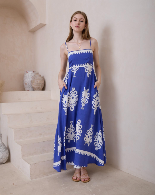 Lila Spaghetti Strap Maxi - Royal Blue Damask